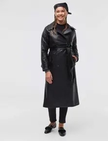 Belted Double Breasted Leather Trench Coat - Black