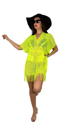 Kadın Pareo Rahat ve Şık Plaj Elbisesi Neon Sarı - Kelebek Desen